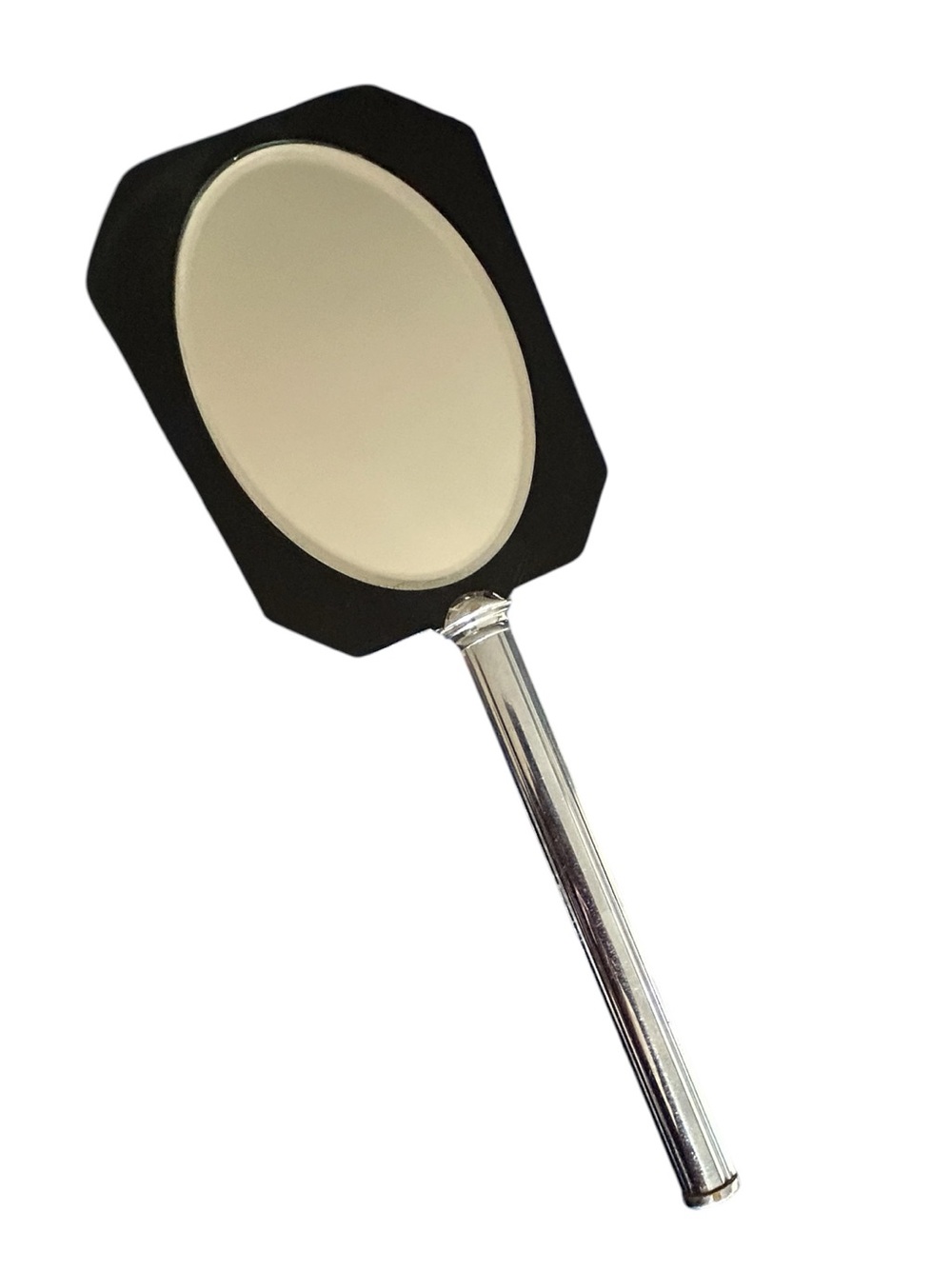 Vintage Hand Held Mirror W Black Victorian Style Back & Silver Handlehand